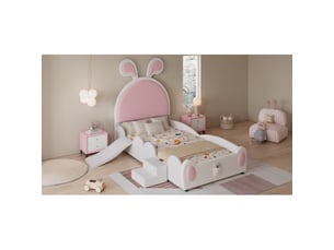 Lit enfant 90x200 cm tapissé pu avec toboggan et petites marches, tête de lit à oreilles de lapin blanc et rose