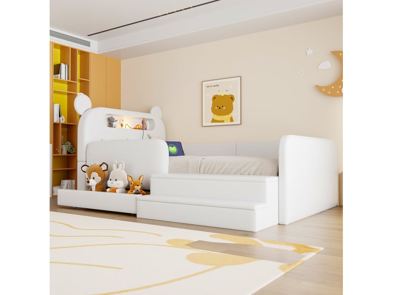 Lit enfant, 90x200 cm, avec tête de lit ours, lit 1 place, recharge, rangement, matelas non inclus, pu, coloris blanc - Conforama D