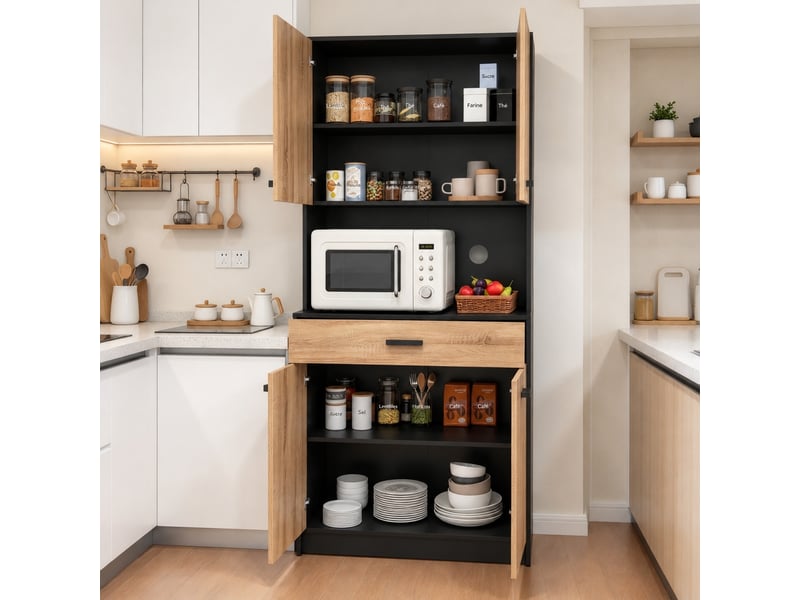  Armoire de cuisine style industriel noir et bois naturel, 4 portes et 1 tiroir, 80 x 40 x 180 cm  - Conforama B