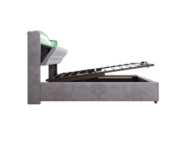  Lit coffre 90 × 200 cm led, rangements en tissu - gris C-CRAFTLINK - Conforama E