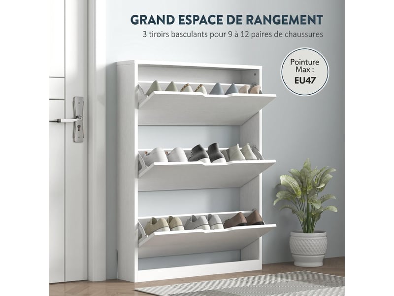  Meuble à chaussures 3 tiroirs rabattables 12 paires blanc 80 x 17 x 108 cm  - Conforama D
