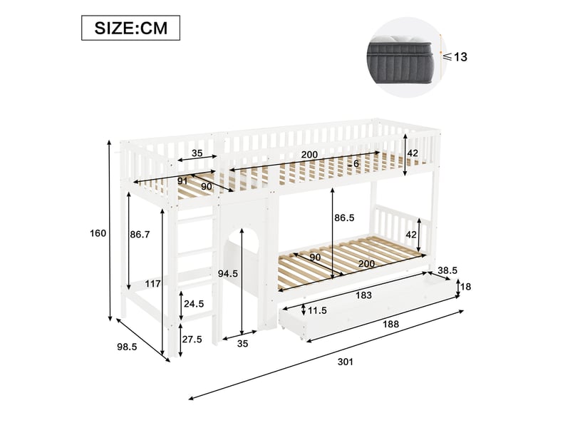  Lit superposé enfant 90x200 cm avec échelle droite 4 marches, lit enfant avec garde-corps 4 côtés, zone personnalisable, pinmdfcontreplaqué, blanc OPULERANE TRADING LTD - Conforama C