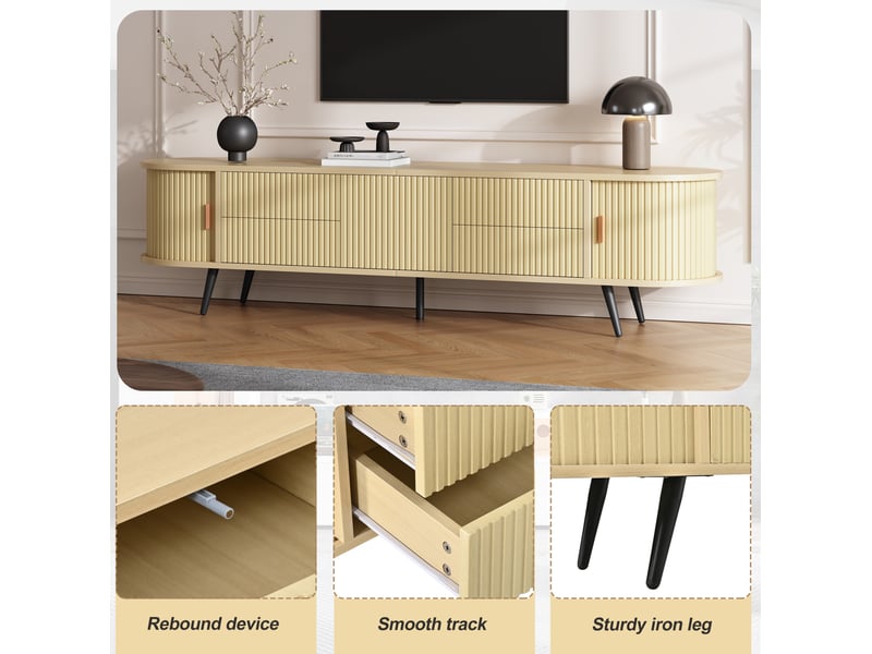  Meuble tv ovale 180x40x45 cm, 4 tiroirs, porte tambour, rangement, jusqu’à 80 pouces, mdf, naturel  - Conforama D