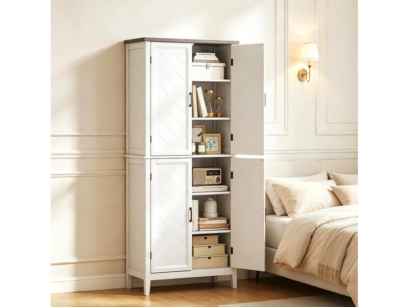  Buffet de cuisine haut avec 4 portes, 6 niveaux et 4 étagères réglables, blanc  - Conforama D
