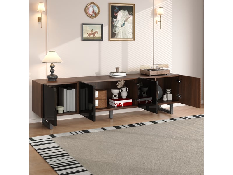 Meuble tv avec rangements fermés et étagères ouvertes pour salon 180×38×50 cm en mdf noir naturel  - Conforama B