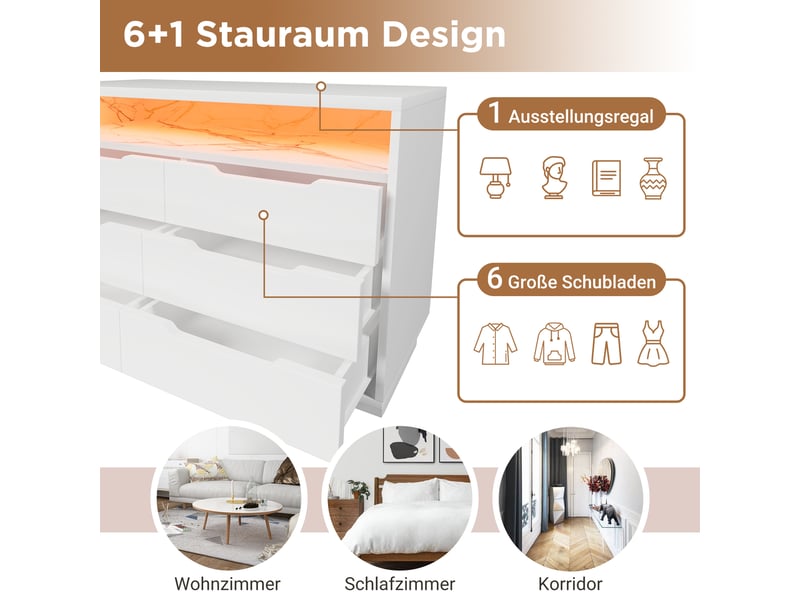 Commode blanche 120x40x85 cm en aggloméré et métal, 6 tiroirs, niche ouverte décor marbre, éclairage led réglable - Conforama D