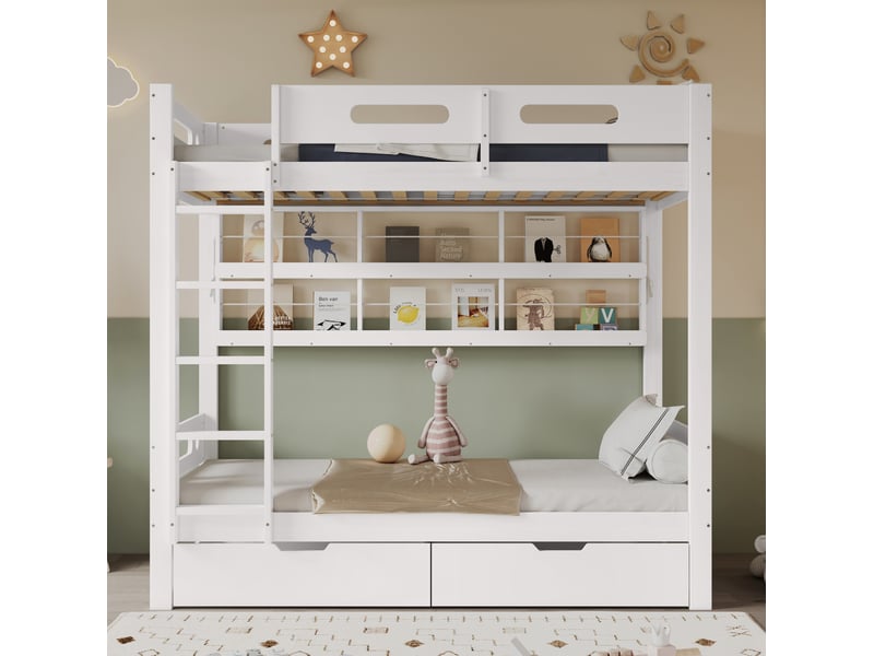  Lit superposé 90x200 cm, 2 tiroirs à roulettes, échelle 5 marches, pin et mdf, blanc et bois naturel, sans matelas  - Conforama B