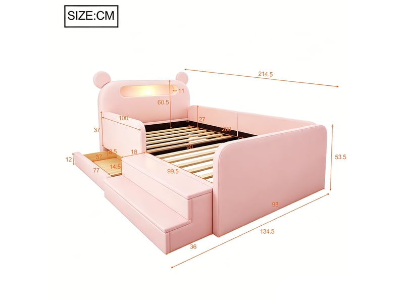 Lit enfant 90x200 cm rose en similicuir avec tête de lit ours, veilleuse, usb et rangement  - Conforama C