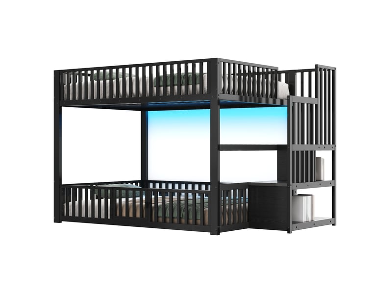 Lit superposé enfant 140x200 cm avec échelle de rangement, led, barrières de sécurité, gain de place, cadre métallique et mdf, noir Radiant Stride - Conforama A