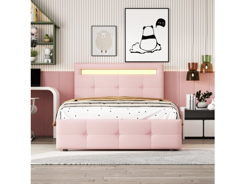  Modenvie lit 1 place 90x200 cm - led intégrée, 2 tiroirs, sommier inclus, sans matelas - rose  - Conforama D