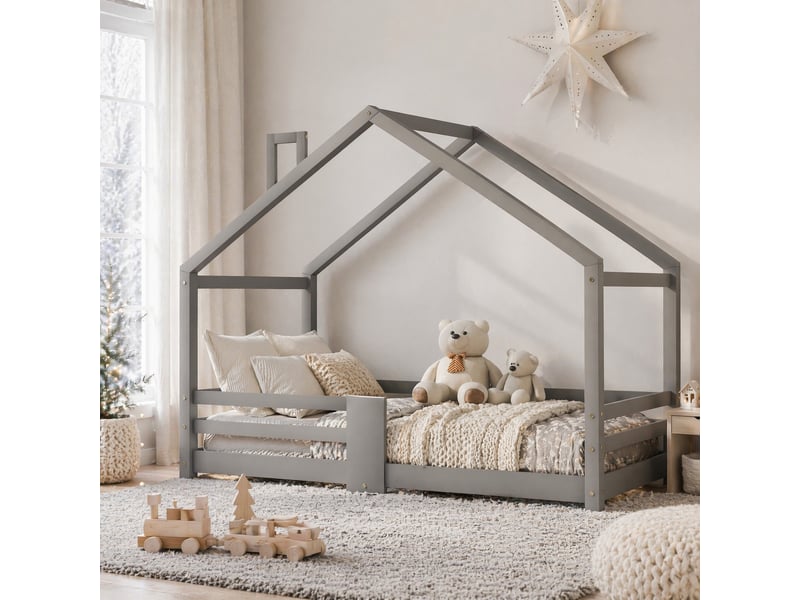 Lit cabane enfant 200×90 cm avec barrières de protection et cheminée décorative, sans matelas, en pin massif gris - Conforama B