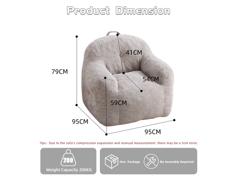 Fauteuil pouf avec accoudoirs et dossier ergonomique, prérempli, en tissu effet fourrure gris clair 95 × 95 × 79 cm - Conforama E