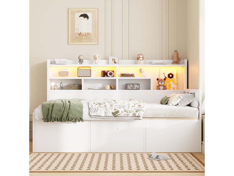 Canapé-lit avec rangement 90 x 200 cm – avec étagères – avec compartiments de rangement – avec éclairage led – blanc (matelas non inclus) - Conforama B