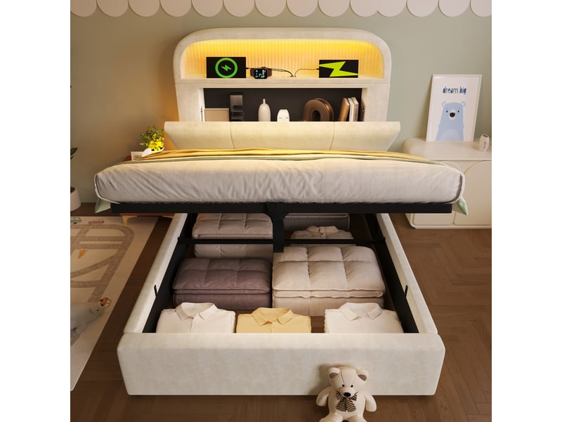  Lit enfant coffre 90x200cm tête réglable led 16 couleurs ports de charge usb et type-c velours beige, sans matelas  - Conforama W