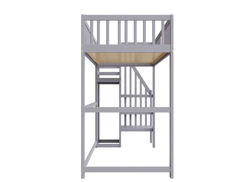  Lit mezzanine 90x200 avec escalier et armoire, lit enfant en bois massif gris, gain de place avec sommier à lattes, 255x95x177.5cm  - Conforama E