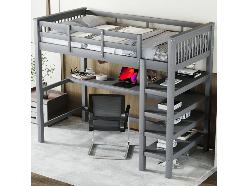 Lit mezzanine enfant avec bureau et étagères, lit mezzanine 90x200 gris en bois massif, lit mezzanine sans matelas, 207x99x169.5cm. - Conforama D