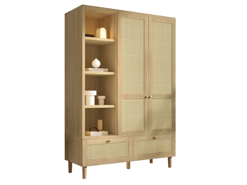  Armoire 2 portes style campagne – cannage en rotin, 2 tiroirs, 120 x 50 x 180 cm, chêne clair  - Conforama A