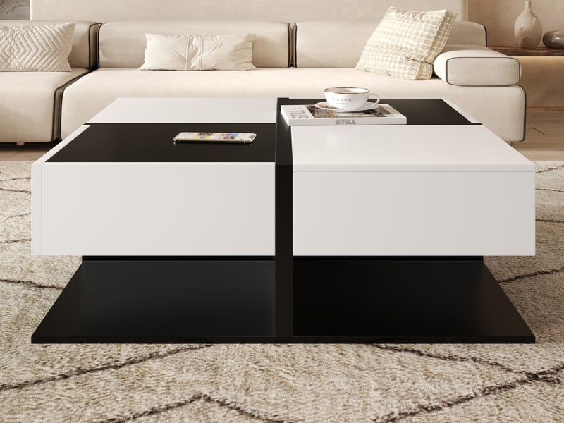 Table basse carrée noir et blanc 70x70 cm, table de salon avec 2 tiroirs, design moderne bicolore - Conforama C