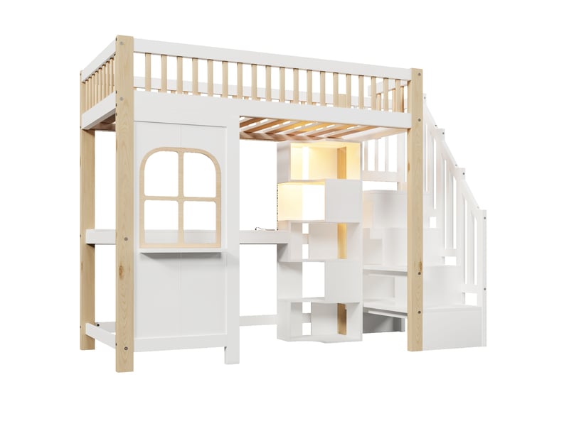  Lit mezzanine blanc et naturel 90x200 cm, led, bureau, prise et escalier-rangement  - Conforama E