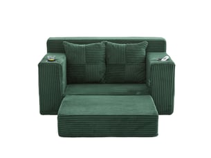 Canapé droit convertible 2 places, en velours côtelé, 2 coussins, porte-gobelet et poches latérales, 151 × 133 × 64 cm, vert