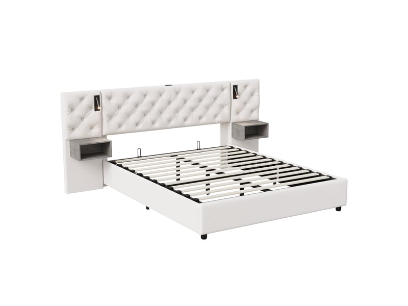 Lit double coffre - 160 x 200 cm - beige - velours, tête de lit capitonnée, éclairage led, tables de chevet intégrées et vérins hydrauliques - Conforama E