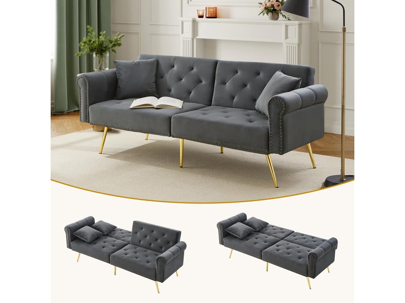 Canapé convertible, canapé-lit, 2 places, en velours, dossier inclinable 3 positions, design moderne, pieds en métal - Conforama R