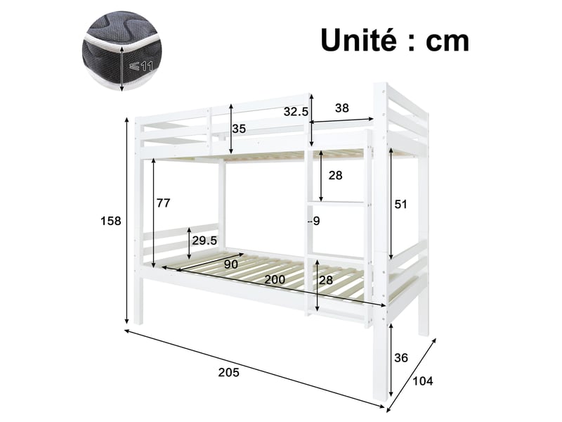  Lit superposé en pin blanc, lit 2 places séparable avec échelle à 3 marches et barrière, 90x200 cm, sans matelas  - Conforama D