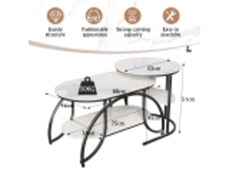  Lot de 2 tables basses 80x46x45 cm, table gigogne design marbre, avec espace de rangement, cadre en métal, pour canapé, salon, chambre (noir + blanc)  - Conforama C