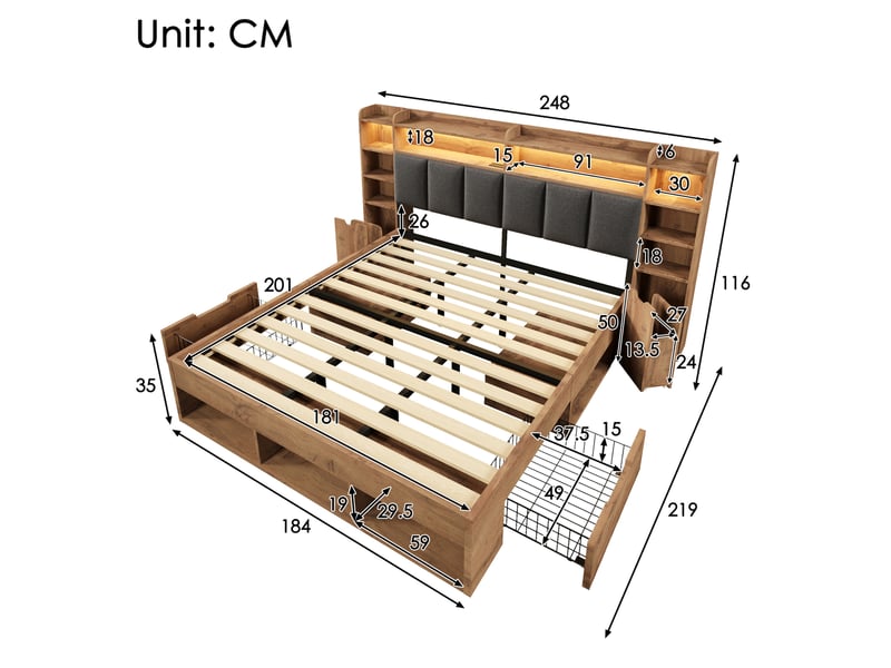 Lit double 180 x 200 cm chêne avec rangements, led et ports usb - Conforama E
