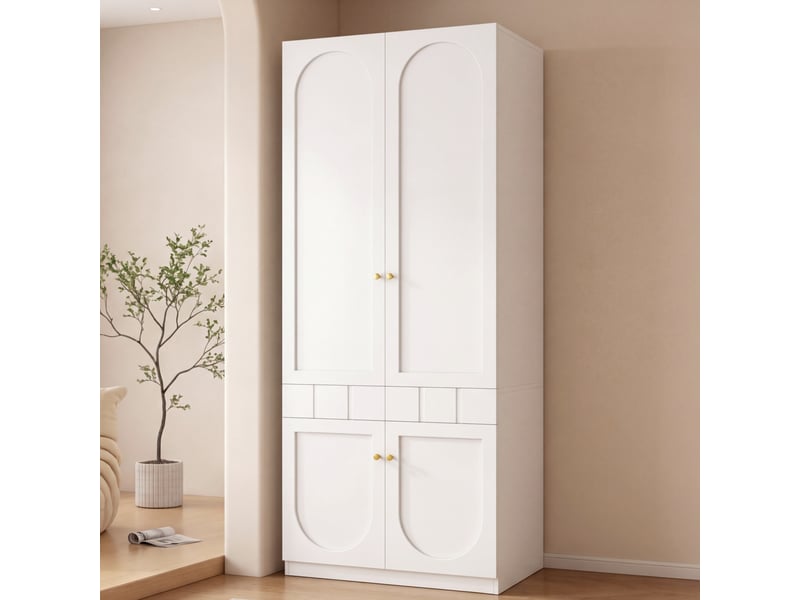 Armoire penderie 80x50x200 cm, 2 portes avec tringle, tiroirs à ouverture par pression, étagères fixes, poignées métalliques, mdf blanc peint - Conforama B