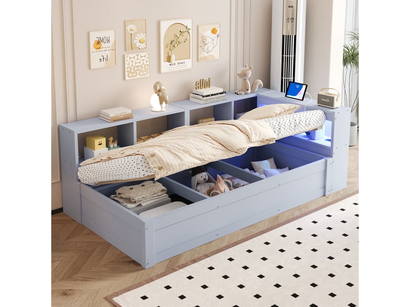  Canapé-lit 90x200 cm, lit enfant, couchage d'appoint, rangement hydraulique, led, bois gris, prise intégrée  - Conforama C