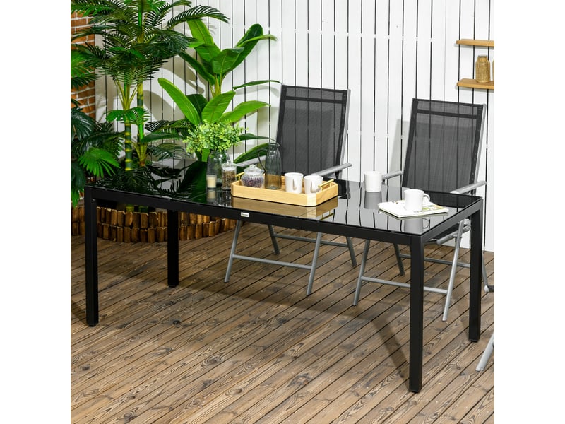  Table de jardin rectangulaire pour 8 personnes avec plateau en verre trempé et cadre en aluminium noir  - Conforama C