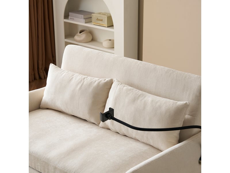  Canapé convertible 129 cm en chenille - 2 places - dossier 3 positions - usb - poches latérales - 2 coussins - beige  - Conforama D