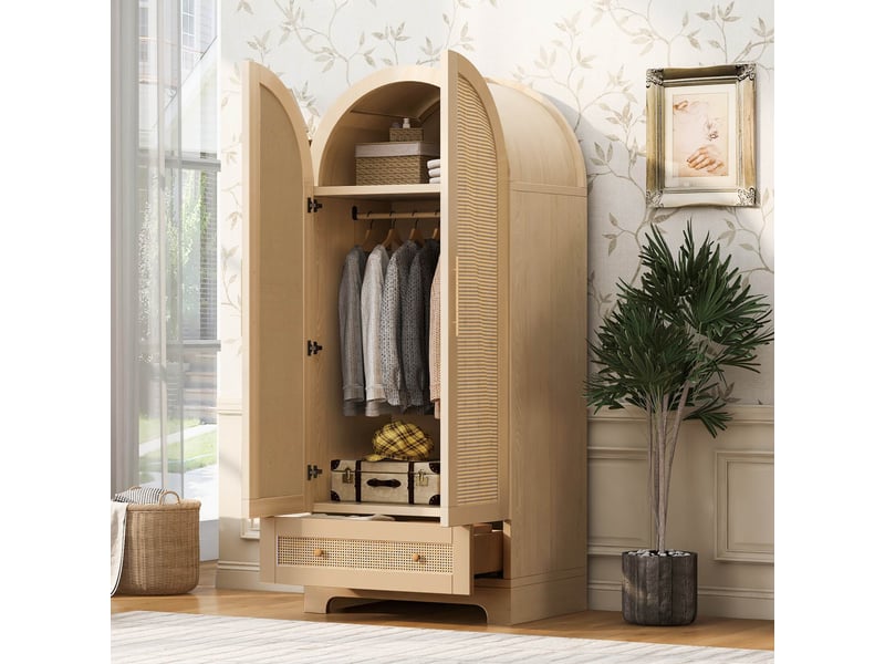 Armoire de chambre 2 portes en rotin 70 x 55 x 170 cm avec tiroir et étagères, design incurvé, meuble de rangement, naturel Sol Morn - Conforama D