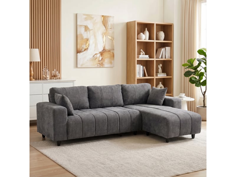 Canapé d'angle modulable 242 cm, canapé 4 places en l avec méridienne réversible, tissu aspect lin, 2 oreillers, gris - Conforama B
