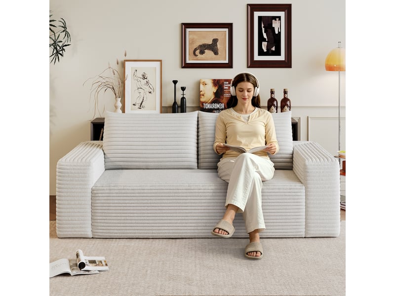 Canapé 2 places blanc crème 180 cm velours côtelé, petit canapé modulable assise profonde sans montage - Conforama E