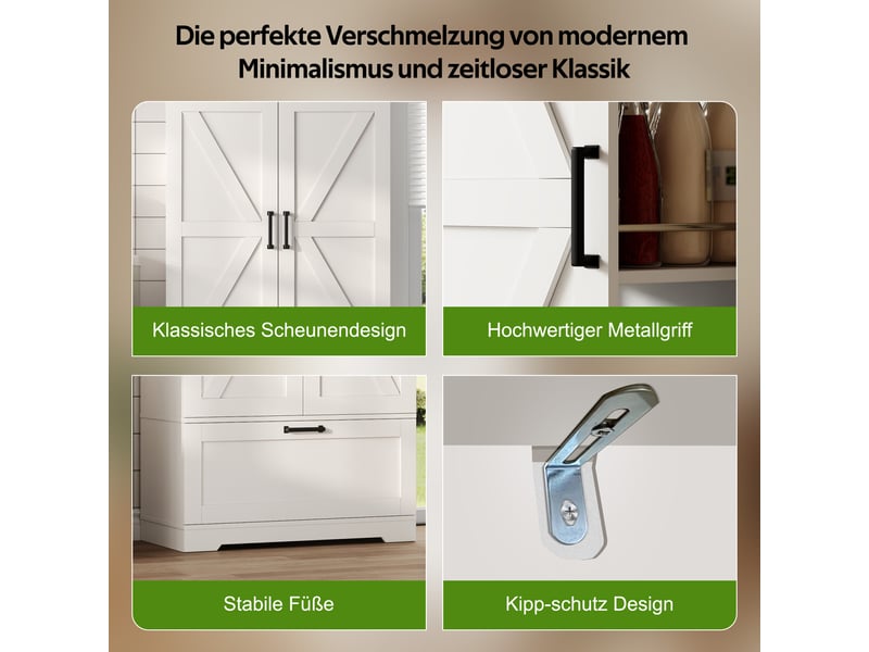 Armoire haute de cuisine 80x35x180 cm avec 4 tiroirs, étagères réglables, grand rangement, façades style grange, anti-basculement, mdf blanc - Conforama E