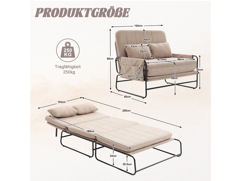  Canapé convertible 2 places - 104x85x92cm - banquette lit pliable dossier réglable tissu chenille et métal - rose  - Conforama E