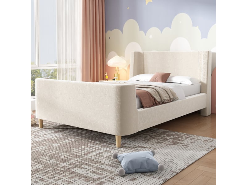  Lit enfant 90x200 cm, design luge et motif spatial, avec tête de lit et lattes, en tissu, beige, sans matelas  - Conforama C