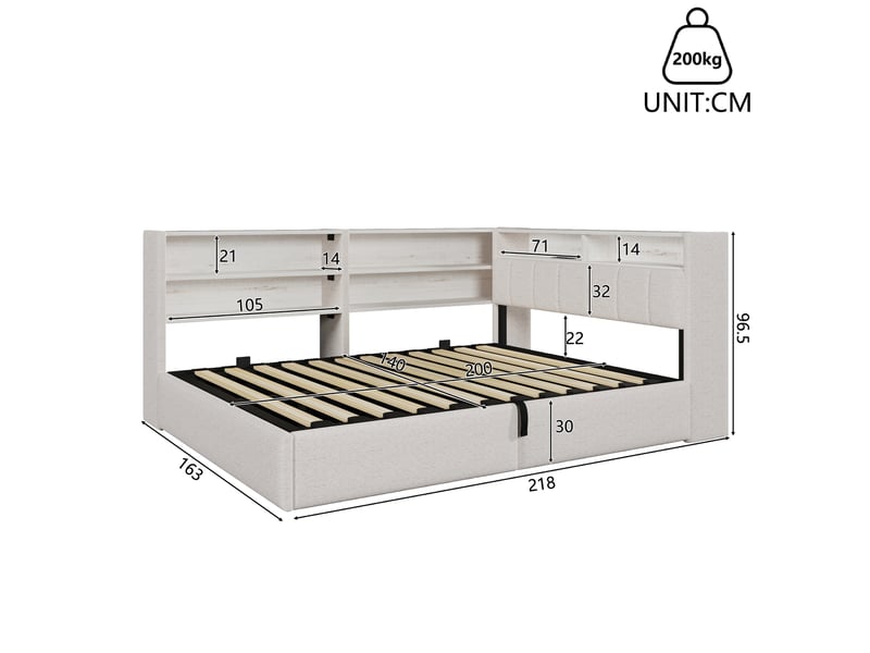  Lit banquette coffre rembourré 140x200 cm, rangement hydraulique, meuble latéral réversible, led rgb, usb et usb-c, velours blanc Radiant Stride - Conforama C