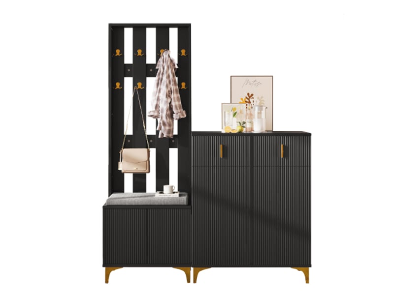 Vestiaire d'entrée avec crochets,meuble à chaussures avec tiroirs,porte-manteaux,étagères réglables et coussins,noir vestiaire noir - Conforama A