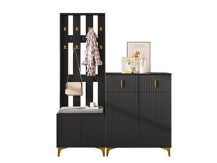 Vestiaire d'entrée avec crochets,meuble à chaussures avec tiroirs,porte-manteaux,étagères réglables et coussins,noir
