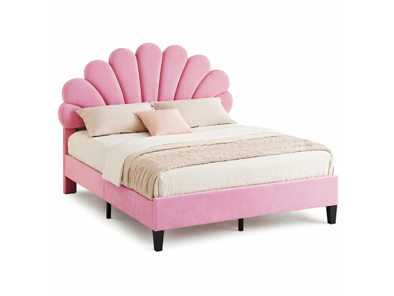 Lit enfant 140x200cm, lit 2 places, sommier, tête de lit en forme de fleur incluse, velours rose, sans matelas  - Conforama A
