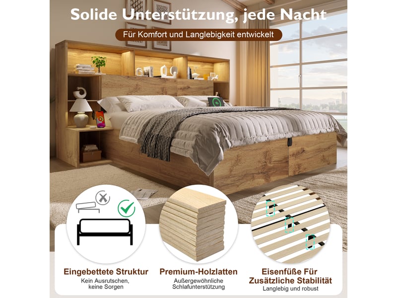 Lit double 160x200 cm avec éclairage led et port usb-c, lit coffre avec tables de chevet intégrées, matelas inclus, aspect chêne - Conforama D