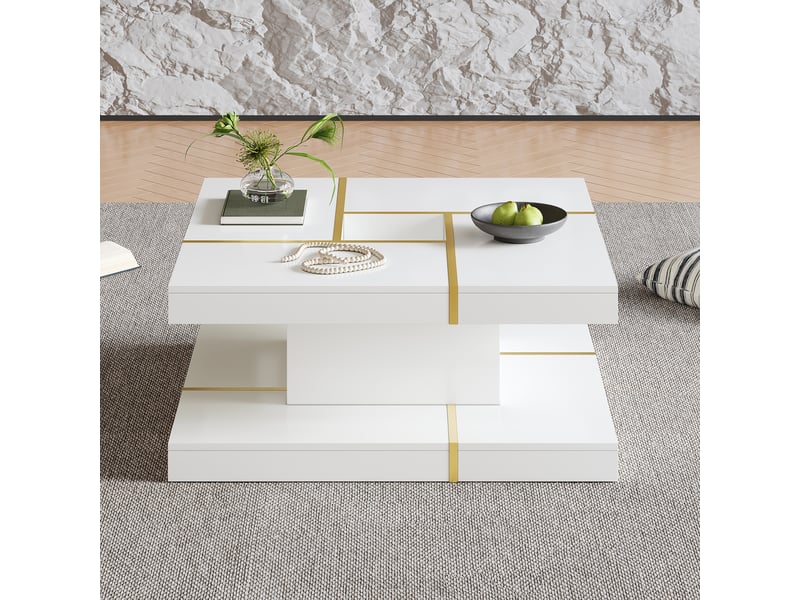Table basse 80x80x38 cm à double plateau, rangement ouvert et niche centrale, panneaux de particules, blanc et doré ABC - Conforama D