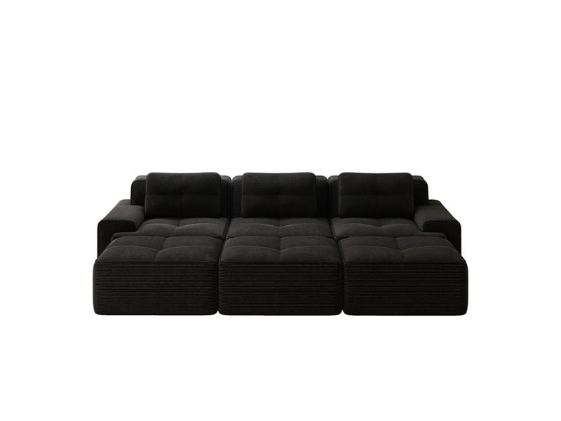 Canapé modulable d’angle 3 places avec trois poufs en velours côtelé noir, sans montage  - Conforama A