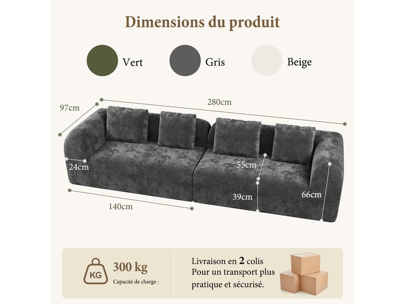  Canapé compressé modulable 3 places en chenille premium,aucun montage,mousse 32d haute résilience,canapé salon moderne gris,280x97x66cm 280x97x66CM - Conforama E