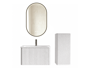 Meuble sous vasque avec armoire de salle de bain, miroir led antibuée et rangements muraux pour salle de bain blanche