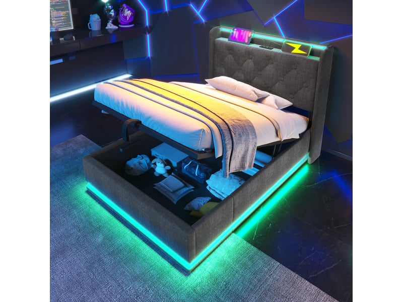  Modenvie lit coffre 90x200 cm - led 360, usb et usb c, avec matelas - rangement intégré - gris  - Conforama D
