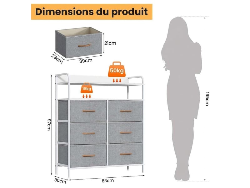  Meuble chiffonnier 83x30x97 cm six tiroirs tissu et etagere ouverte blanc moderne  - Conforama C